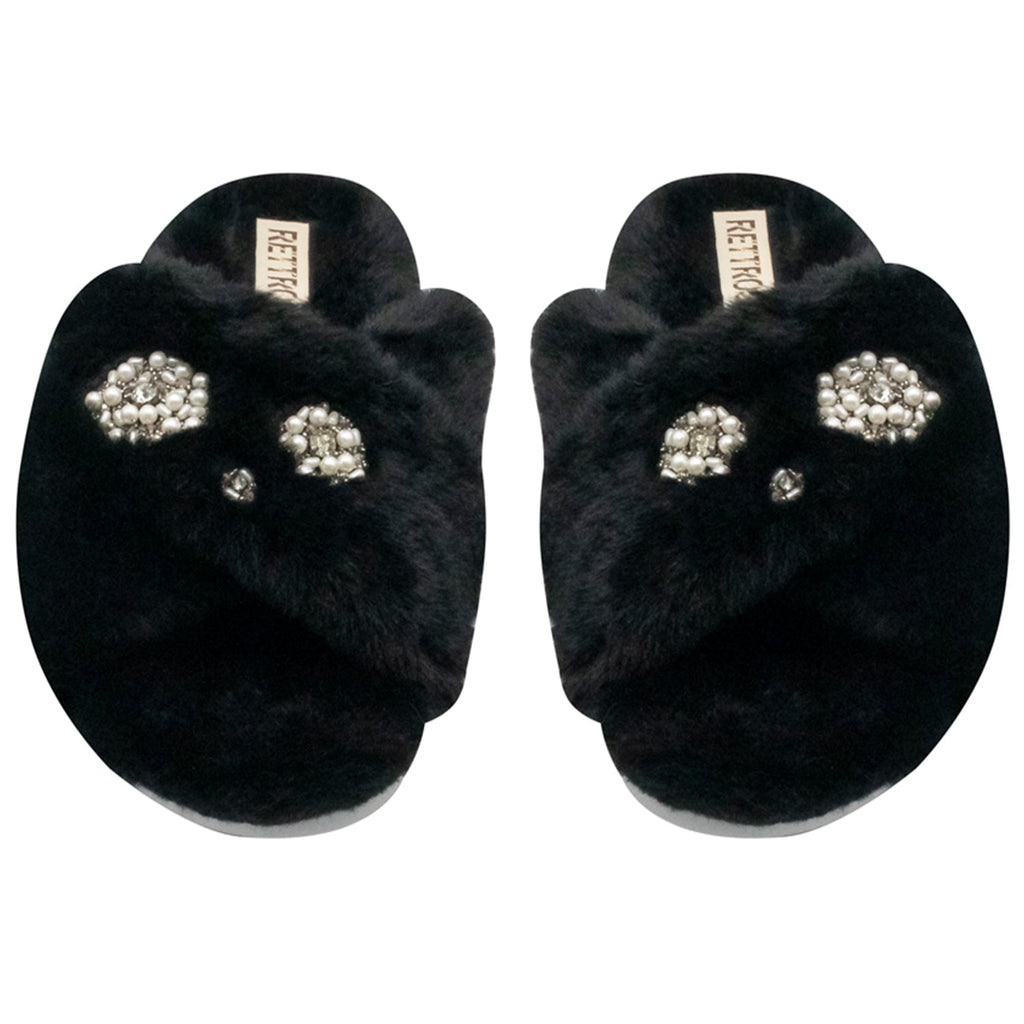Juliette Black Luxury Plush Diamanté Embellished Handmade Slipper