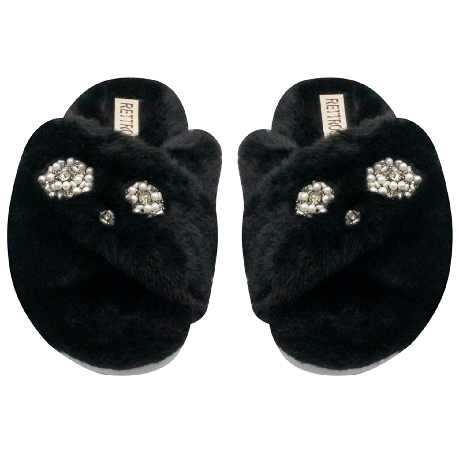 Juliette Black Luxury Plush Diamanté Embellished Handmade Slipper
