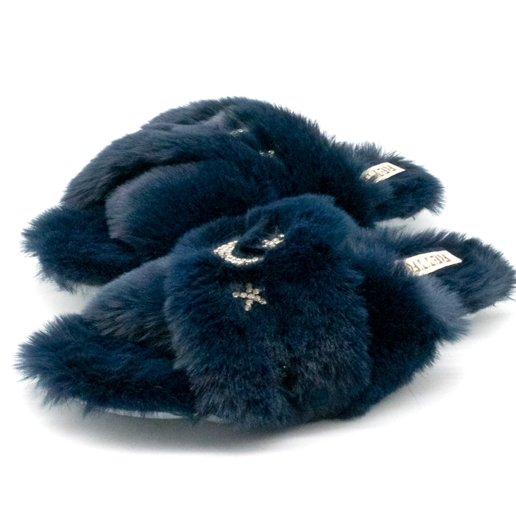 Isabel Navy Plush Handmade Slipper with Diamanté Moon & Star Embellishment