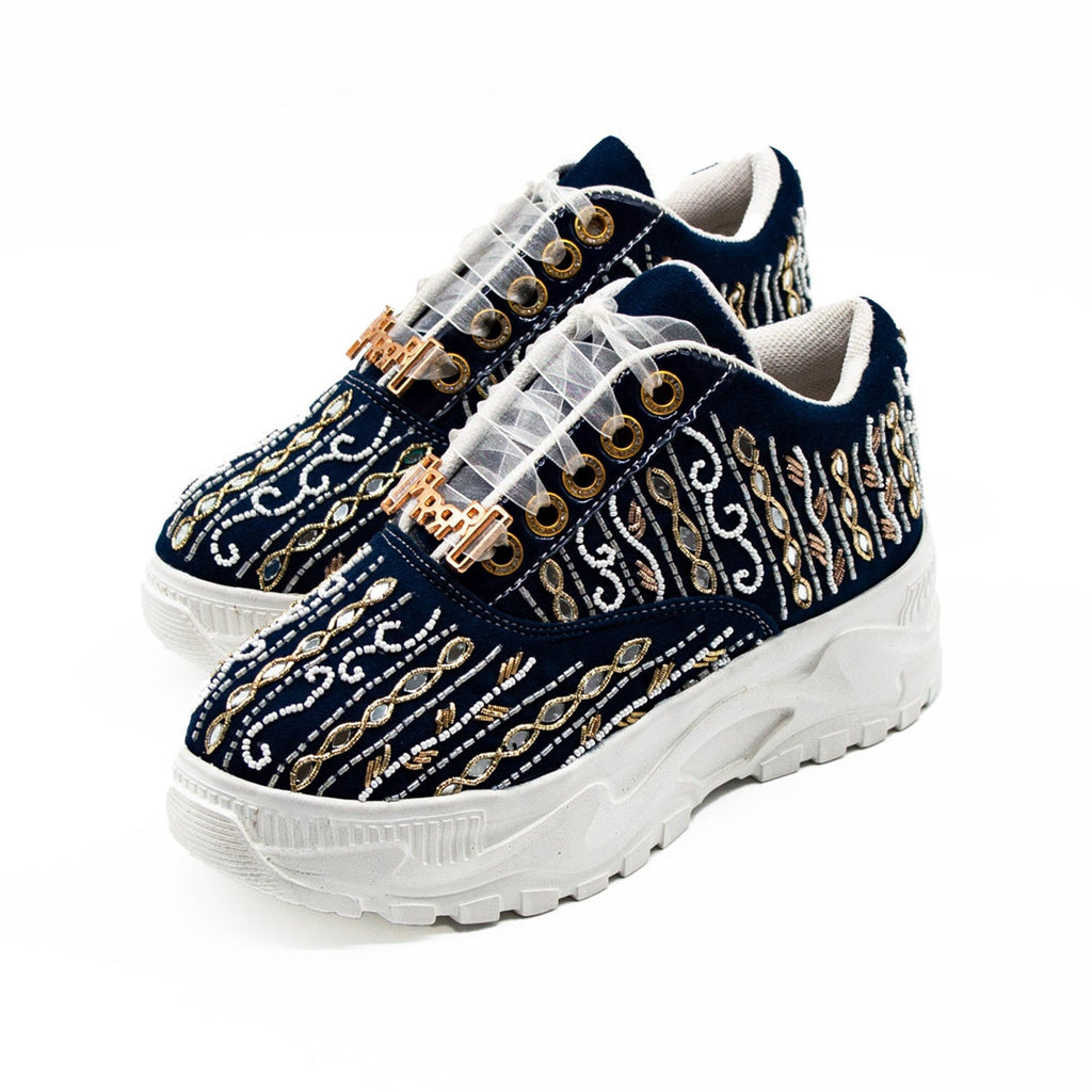 Mia Luxury Dusky Blue Suede Handmade Embellished Trainers