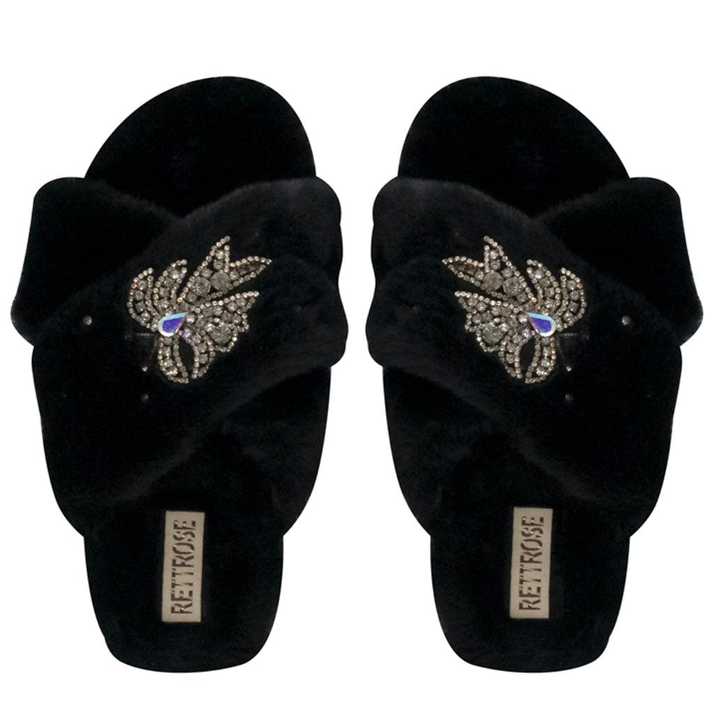 Katherine Black Luxury Plush Diamanté Embellished Handmade Slipper