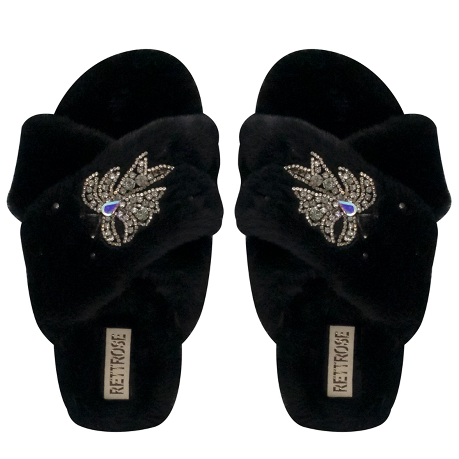 Katherine Black Luxury Plush Diamanté Embellished Handmade Slipper