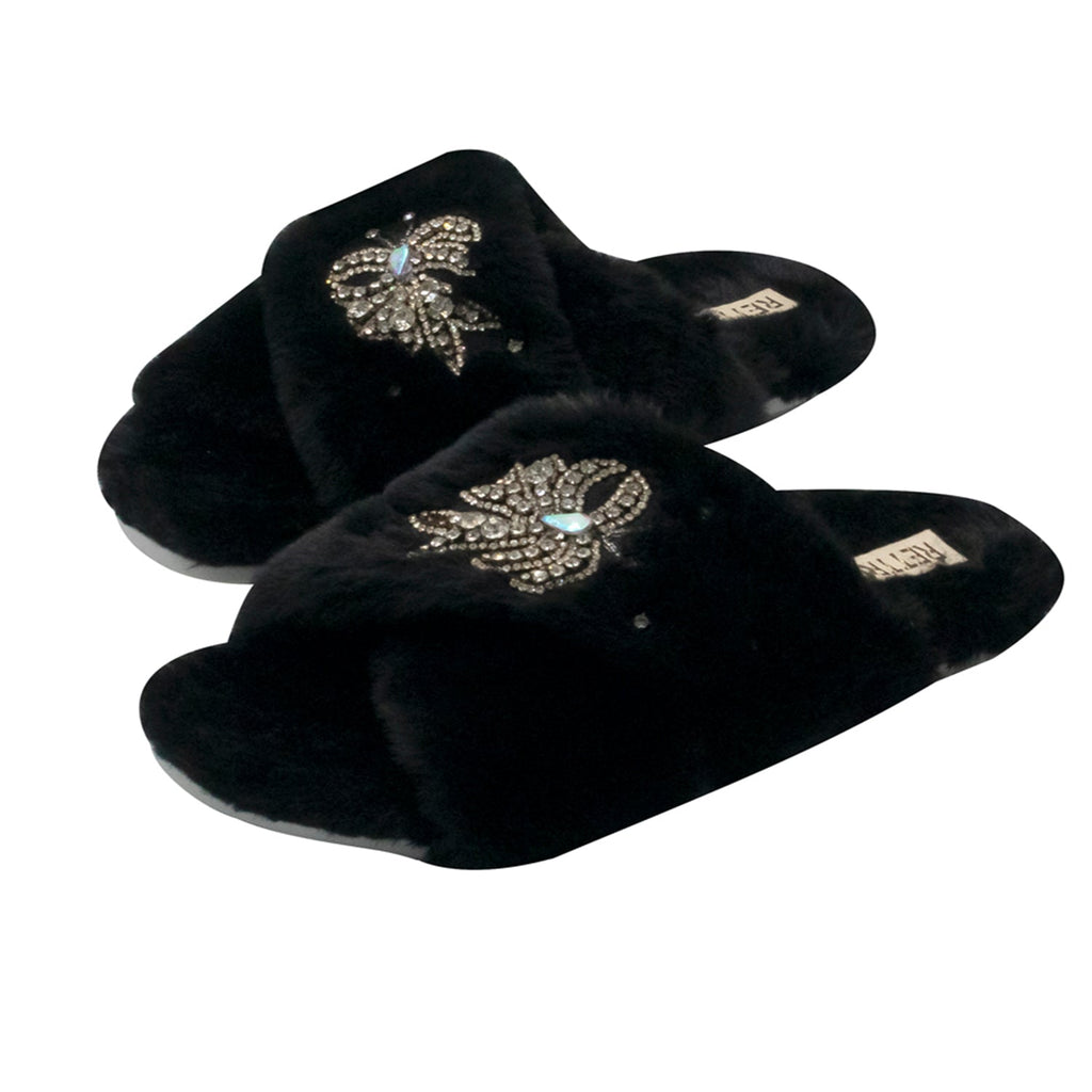 Katherine Black Luxury Plush Diamanté Embellished Handmade Slipper