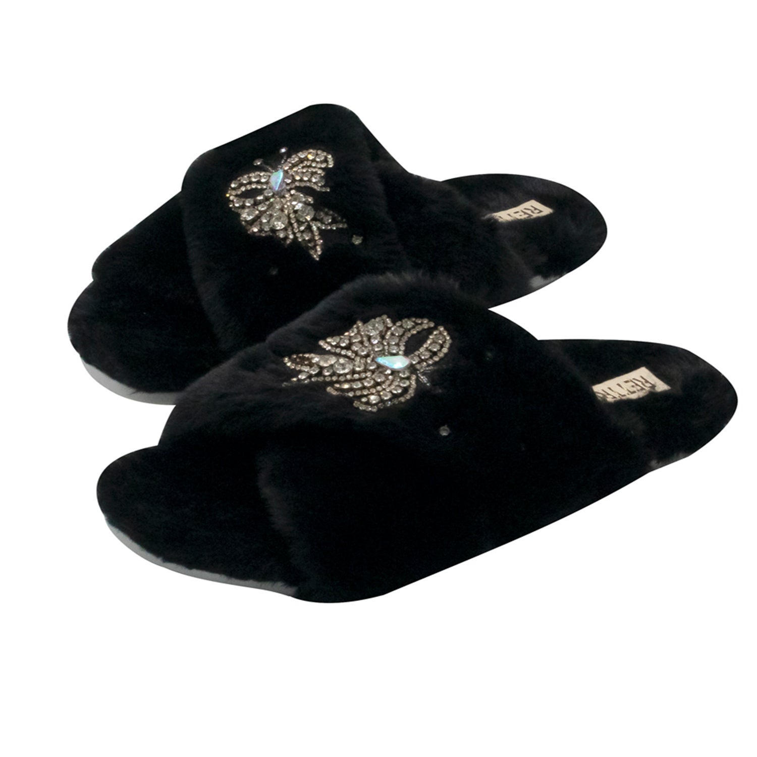 Katherine Black Luxury Plush Diamanté Embellished Handmade Slipper