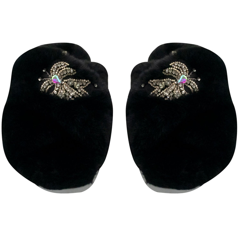 Katherine Black Luxury Plush Diamanté Embellished Handmade Slipper