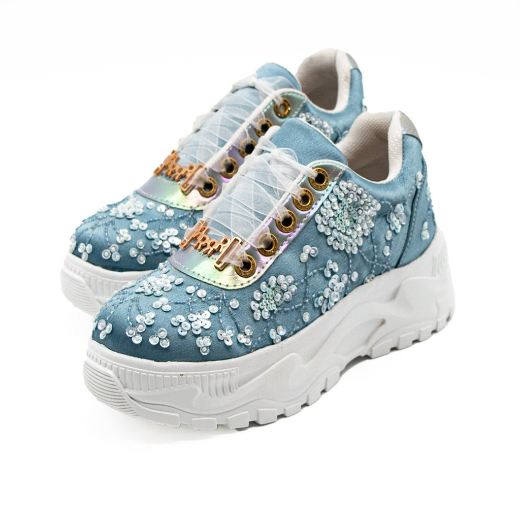 Maeve Luxury Dusky Blue Satin Handmade Embellished Trainers