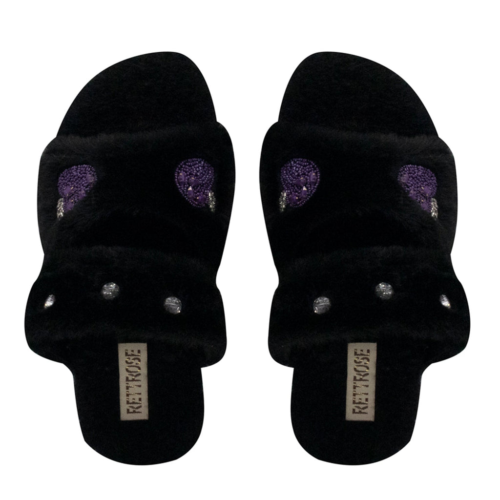 Ada Black Luxury Plush Diamanté Embellished Handmade Slipper