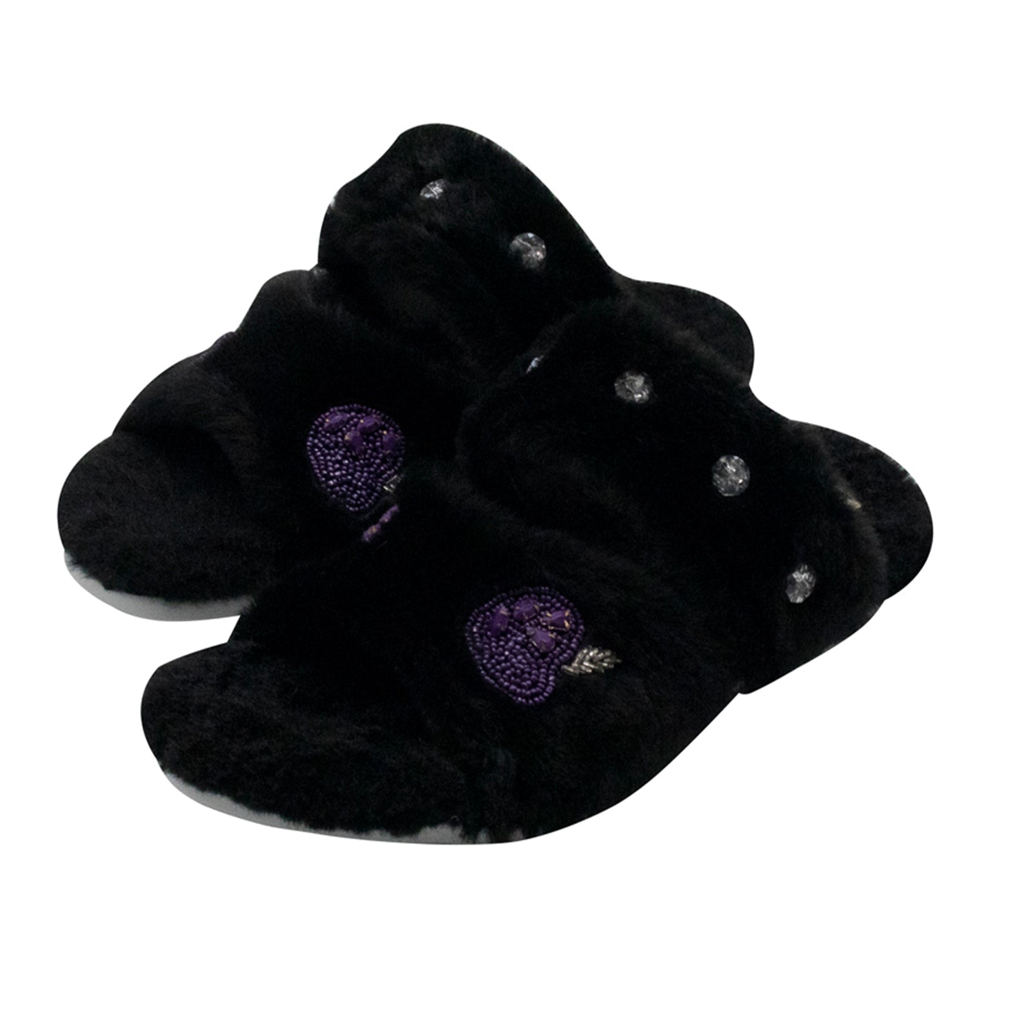Ada Black Luxury Plush Diamanté Embellished Handmade Slipper
