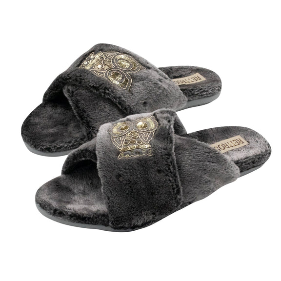 Georgia Charcoal Luxury Plush Diamanté Embellished Handmade Slipper