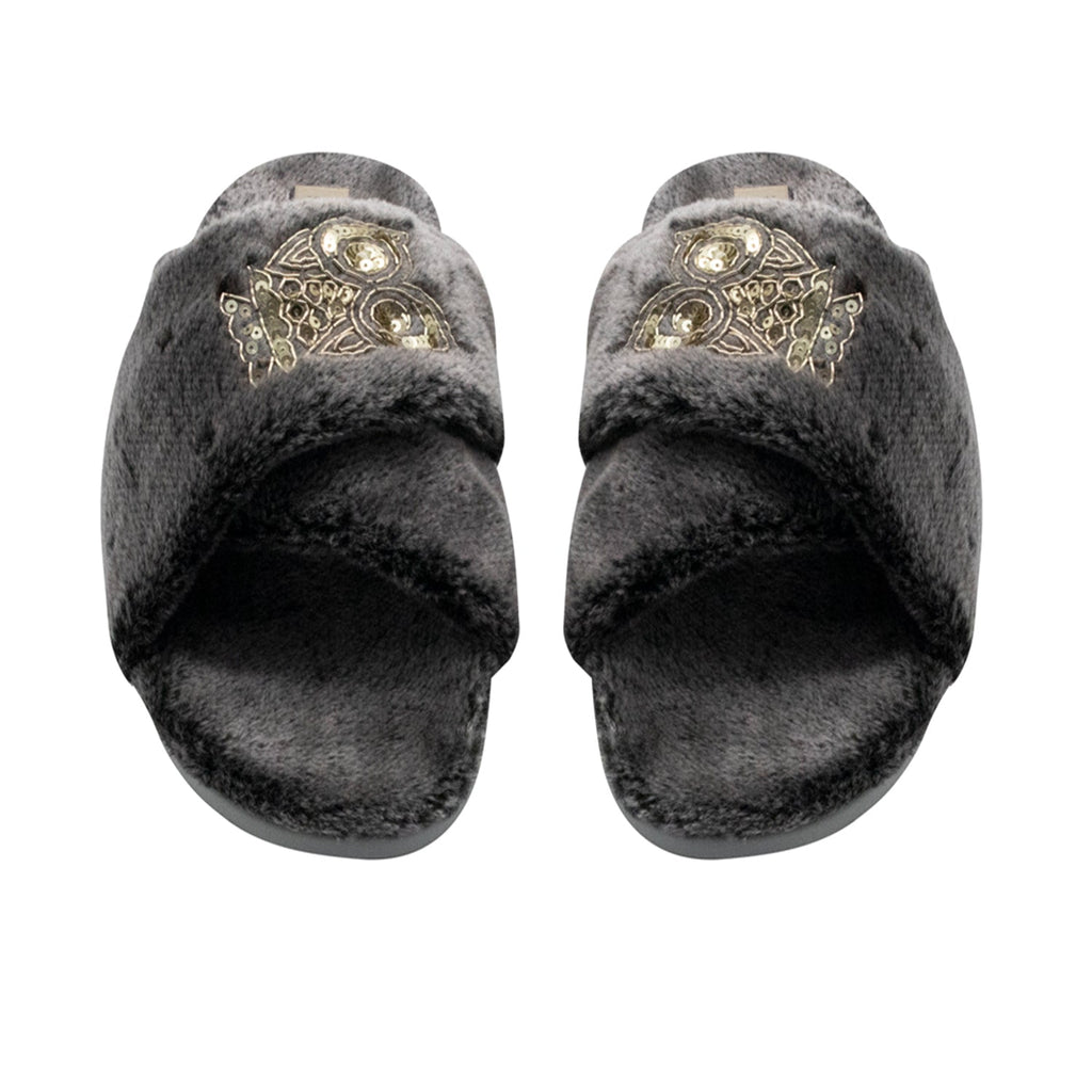 Georgia Charcoal Luxury Plush Diamanté Embellished Handmade Slipper