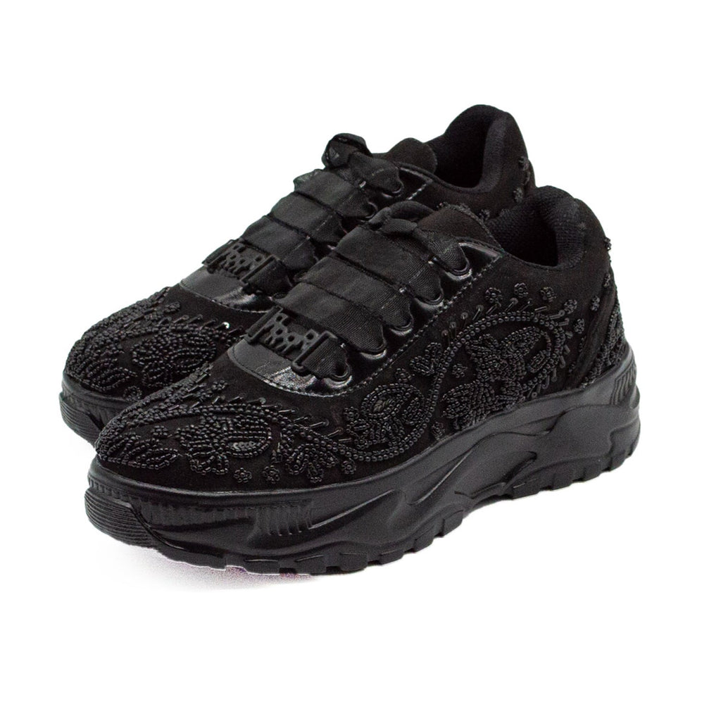 Aaliyah Luxury Noir Suede Handmade Embellished Trainers