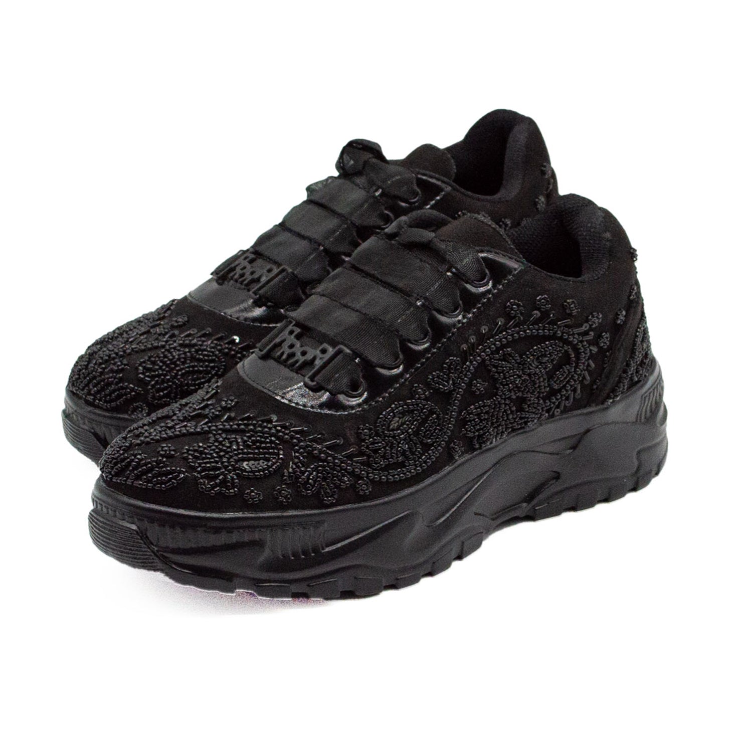 Aaliyah Luxury Noir Suede Handmade Embellished Trainers