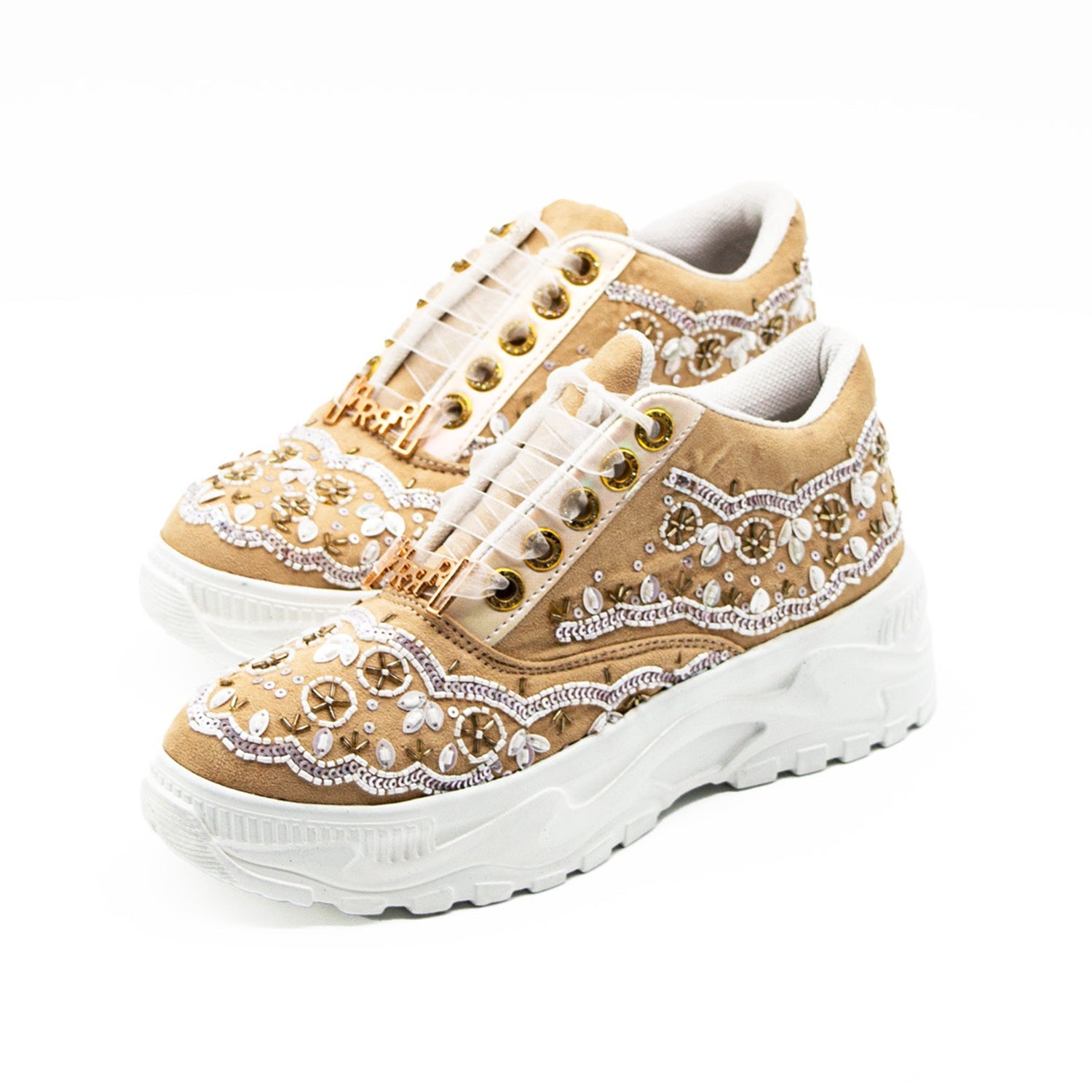 Ava Luxury Pale Sand Suede Handmade Embellished Trainers