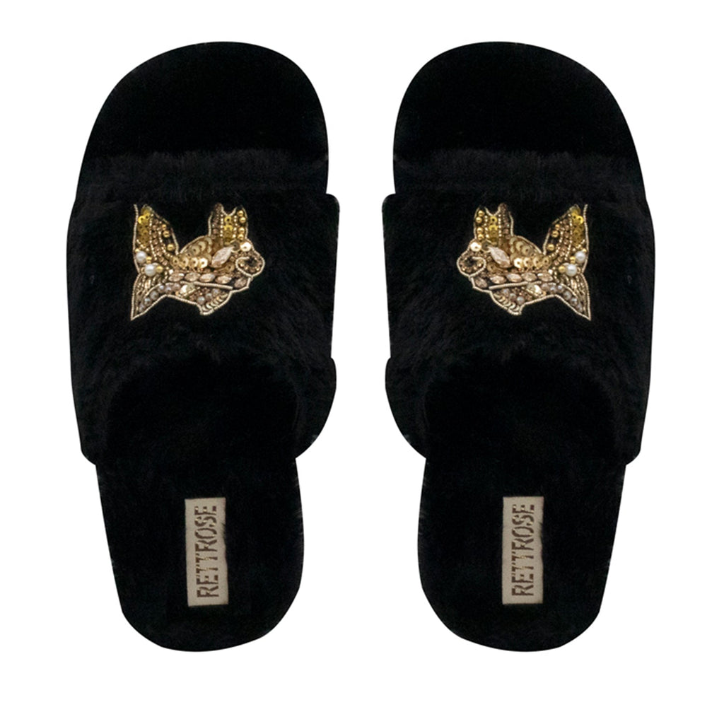 Mae Black Luxury Plush Diamanté Embellished Handmade Slipper