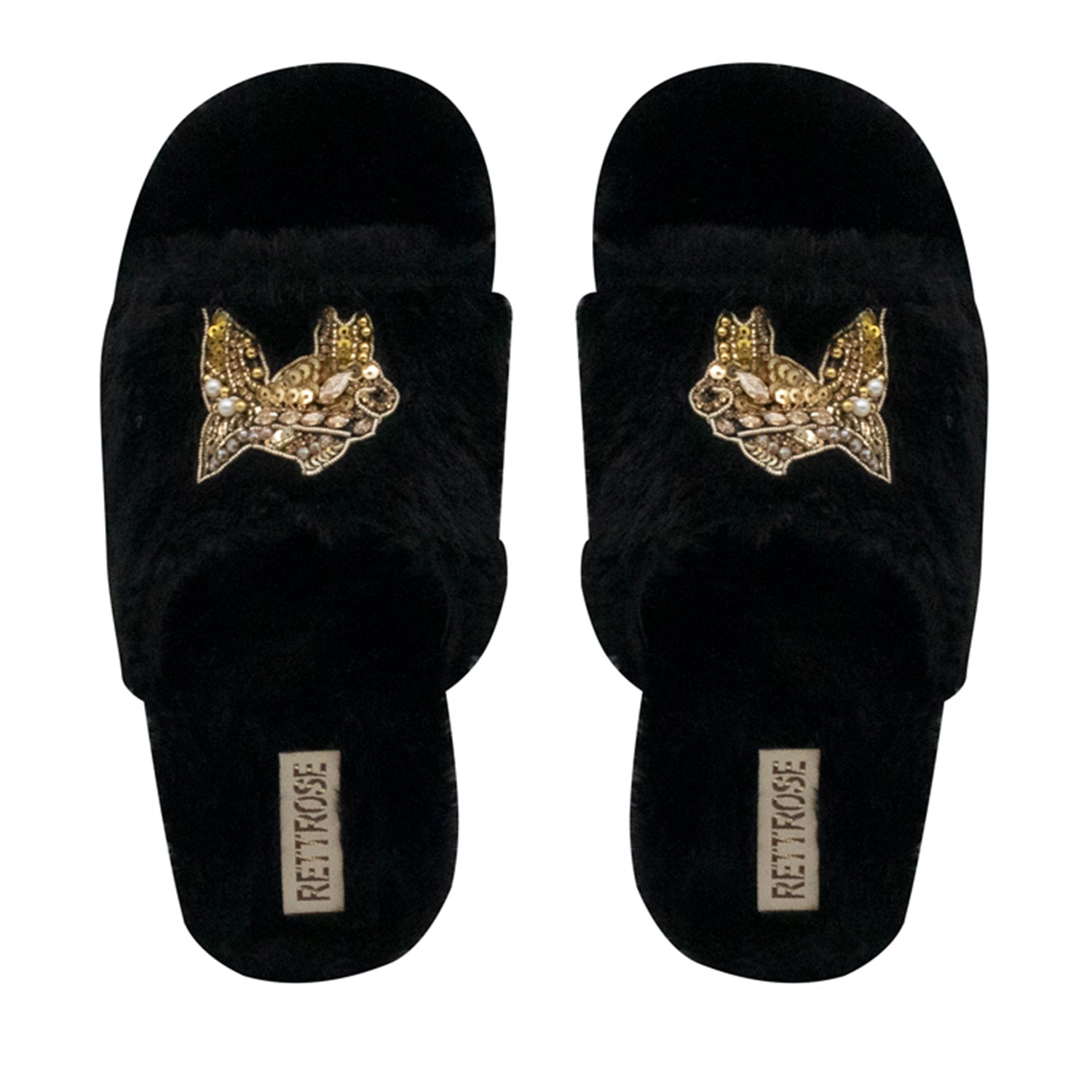 Mae Black Luxury Plush Diamanté Embellished Handmade Slipper