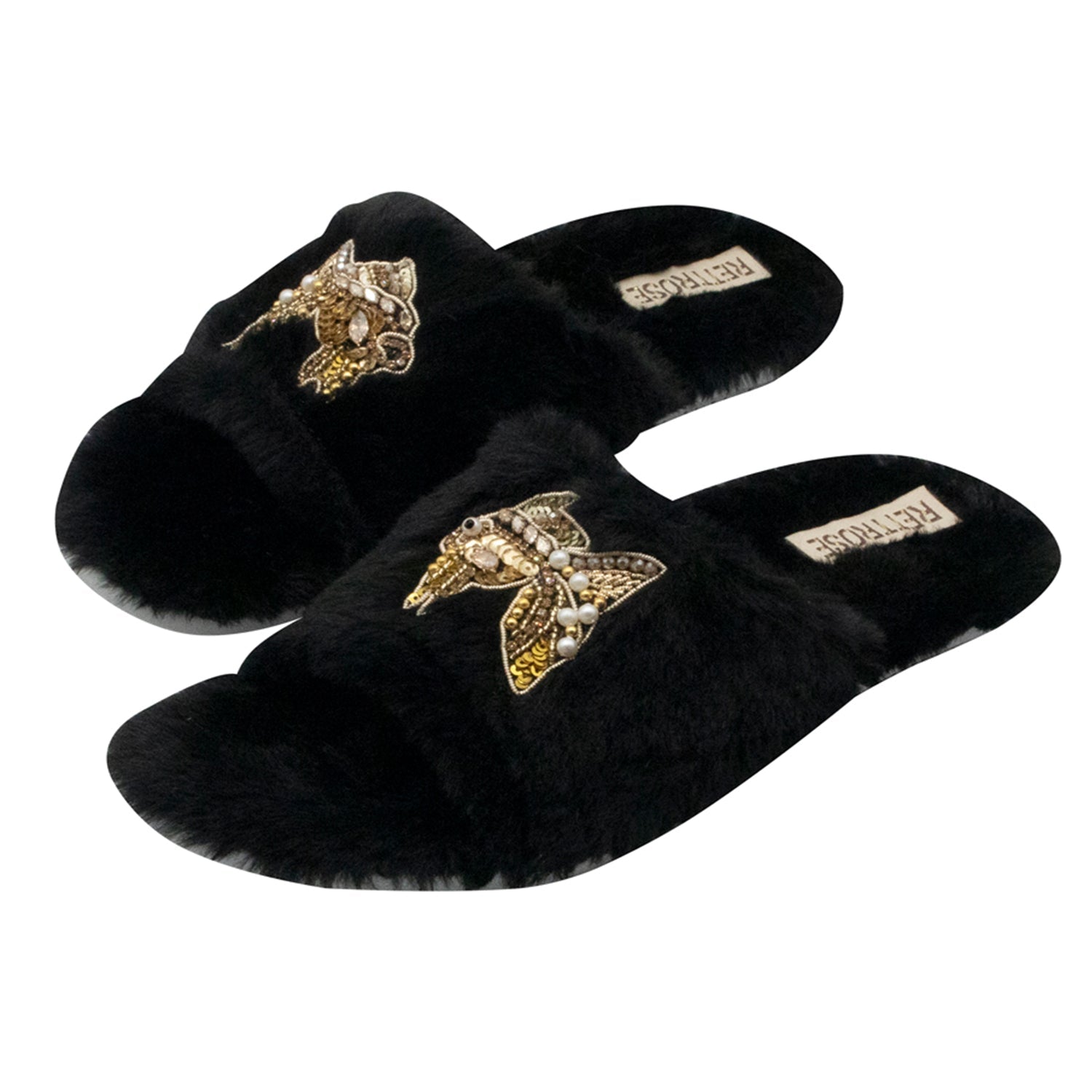 Mae Black Luxury Plush Diamanté Embellished Handmade Slipper