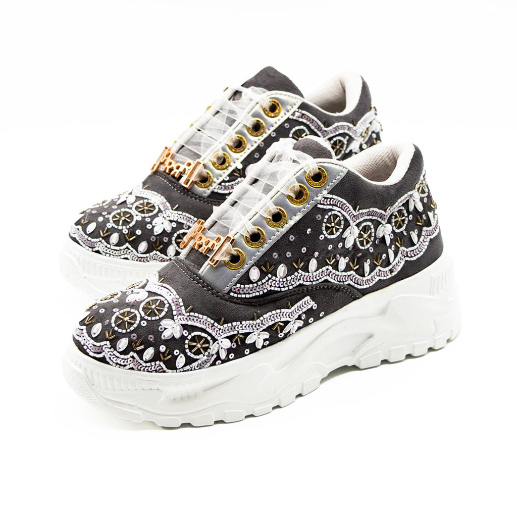 Ava Luxury Slate Suede Handmade Embellished Trainers
