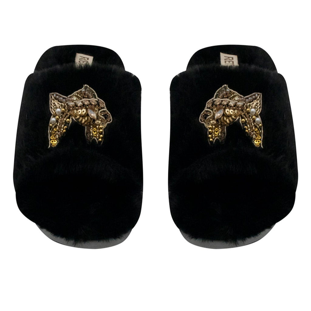 Mae Black Luxury Plush Diamanté Embellished Handmade Slipper