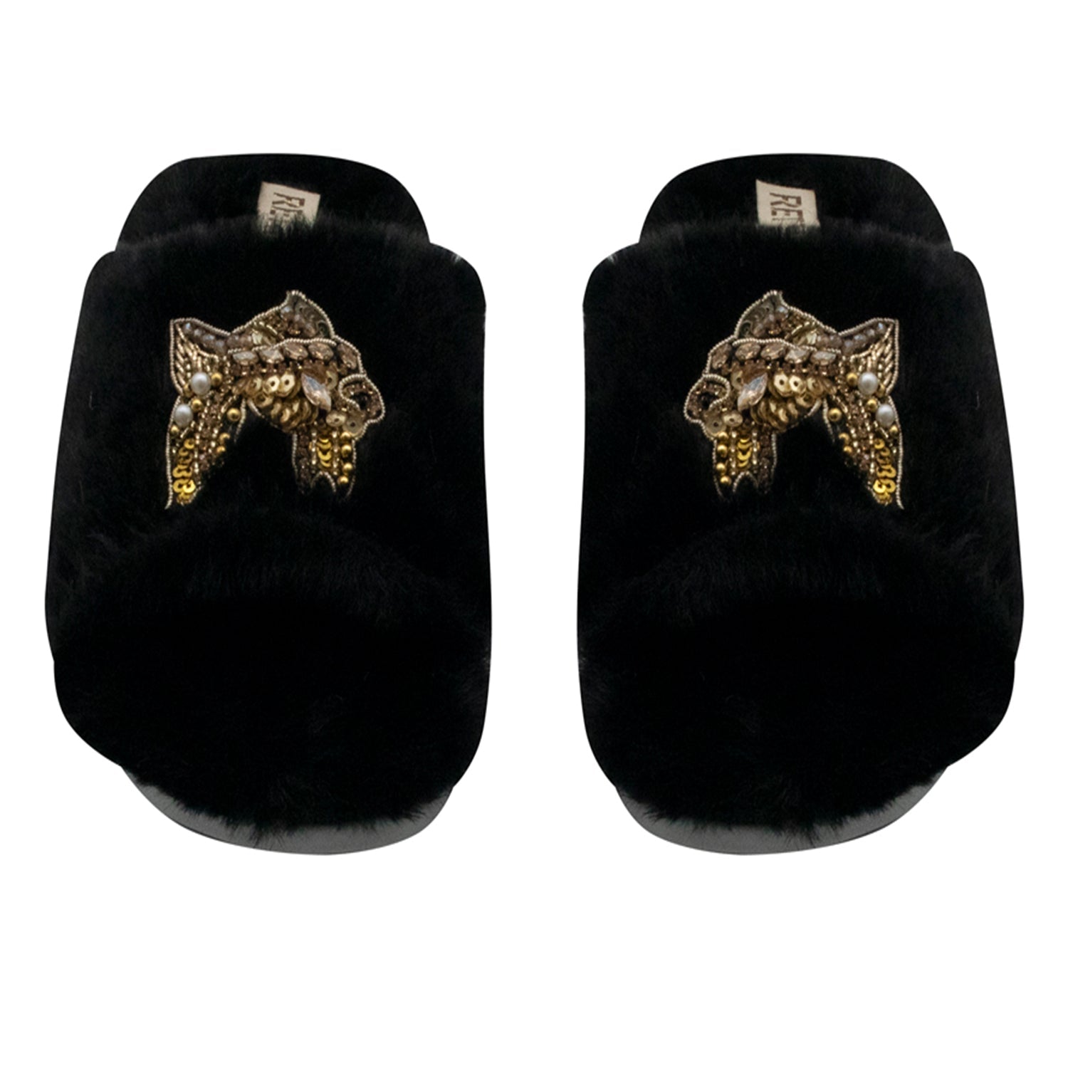 Mae Black Luxury Plush Diamanté Embellished Handmade Slipper