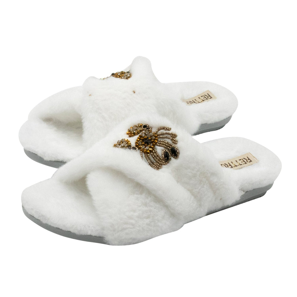 Sophie Cream Luxury Plush Diamanté Embellished Handmade Slipper