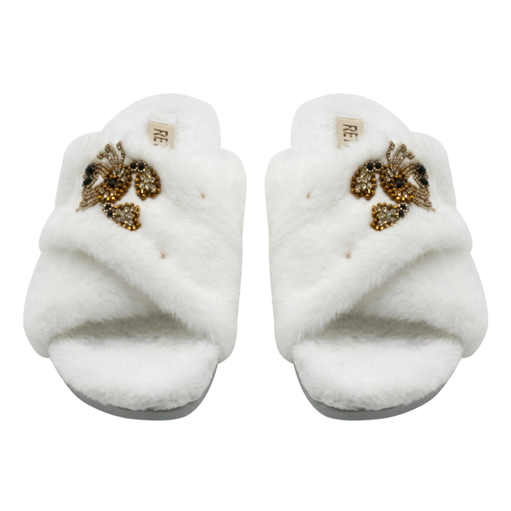 Sophie Cream Luxury Plush Diamanté Embellished Handmade Slipper