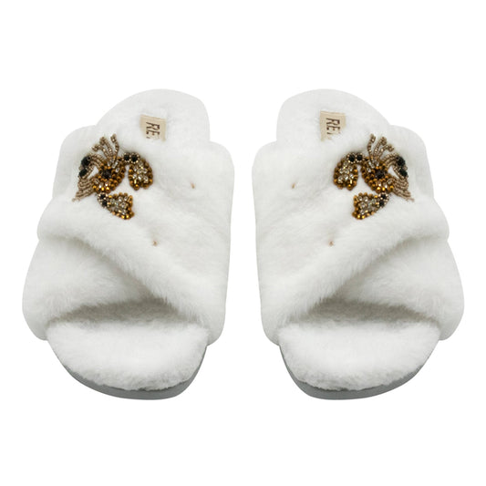 Sophie Cream Luxury Plush Diamanté Embellished Handmade Slipper