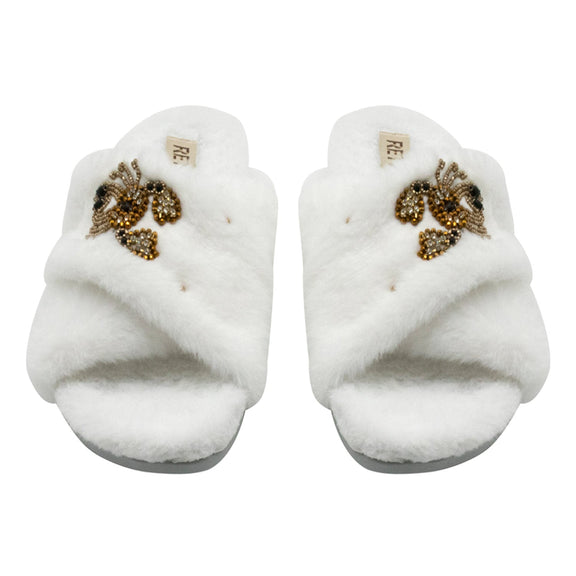 Sophie Cream Luxury Plush Diamanté Embellished Handmade Slipper