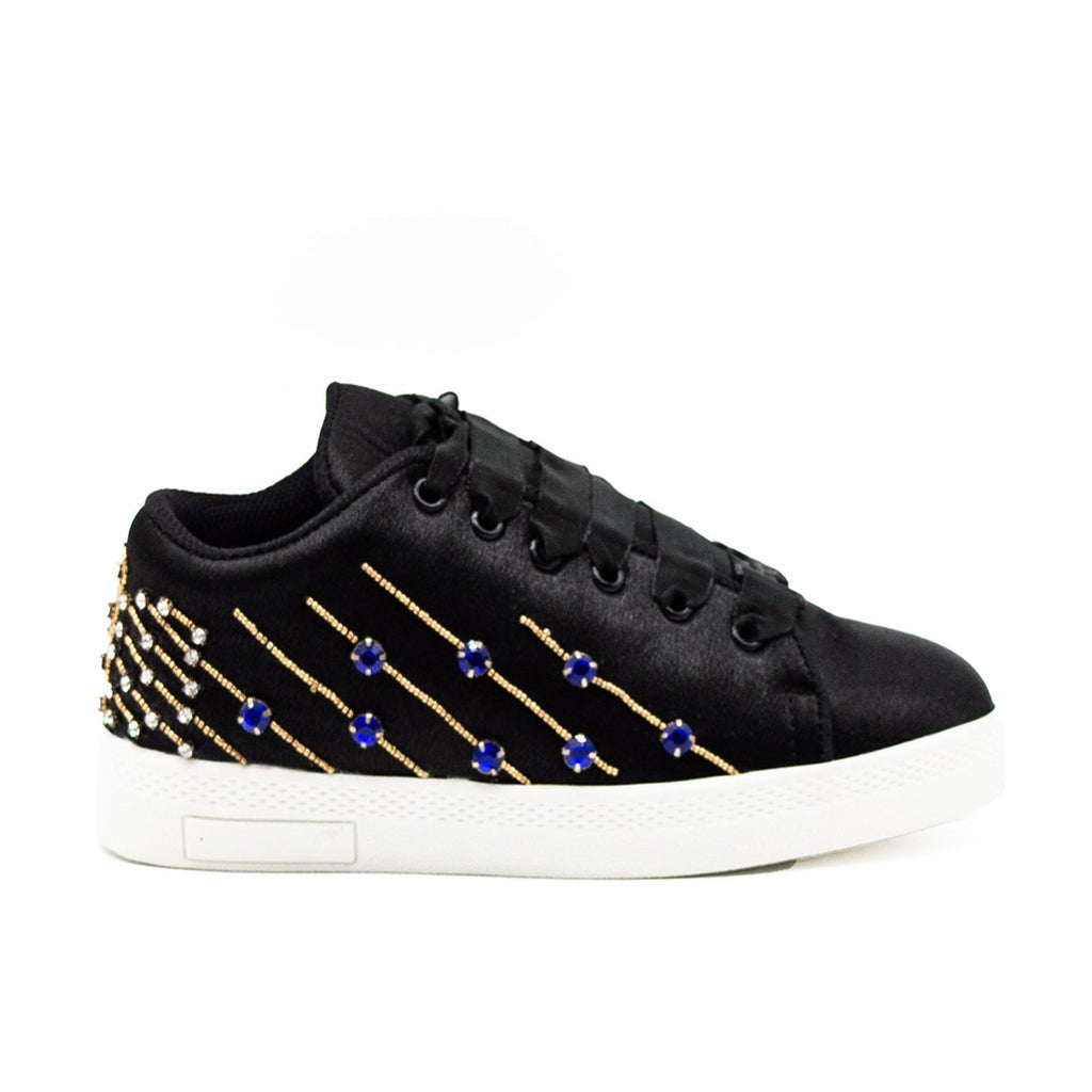 Melanie Luxury Black Satin Handmade Embellished Tennis Shoe