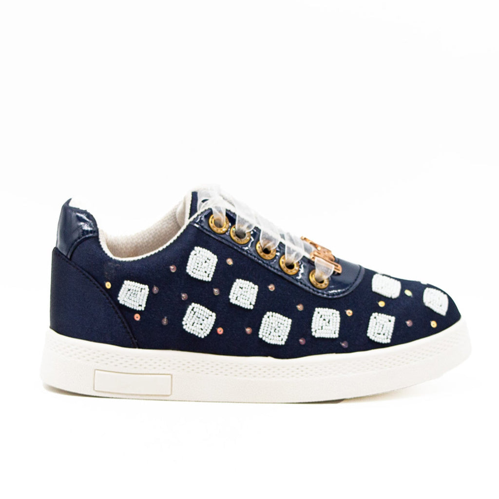 Isabelle Luxury Navy Satin Handmade Embellished Tennis Shoe