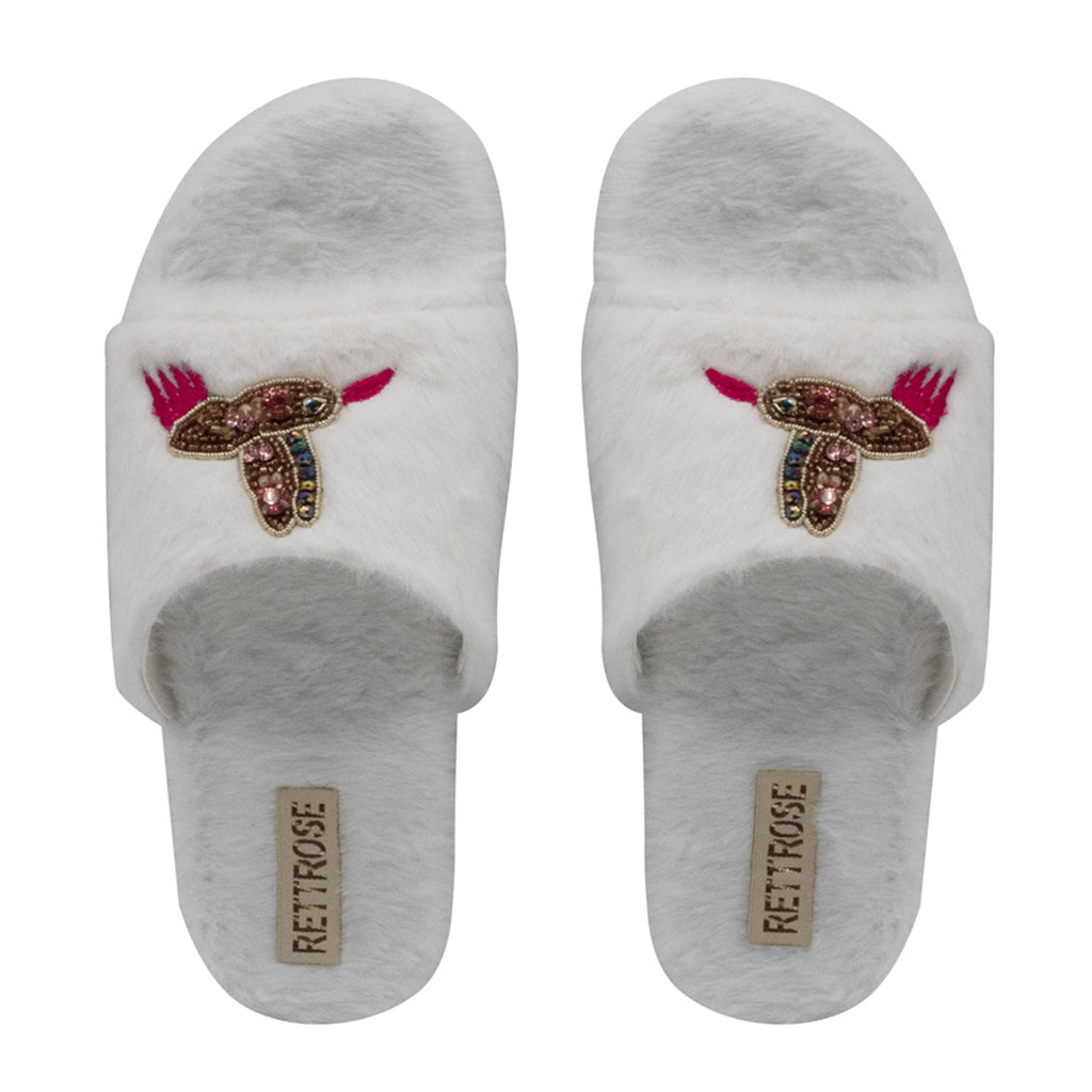 Ariella Cream Luxury Plush Diamanté Embellished Handmade Slipper