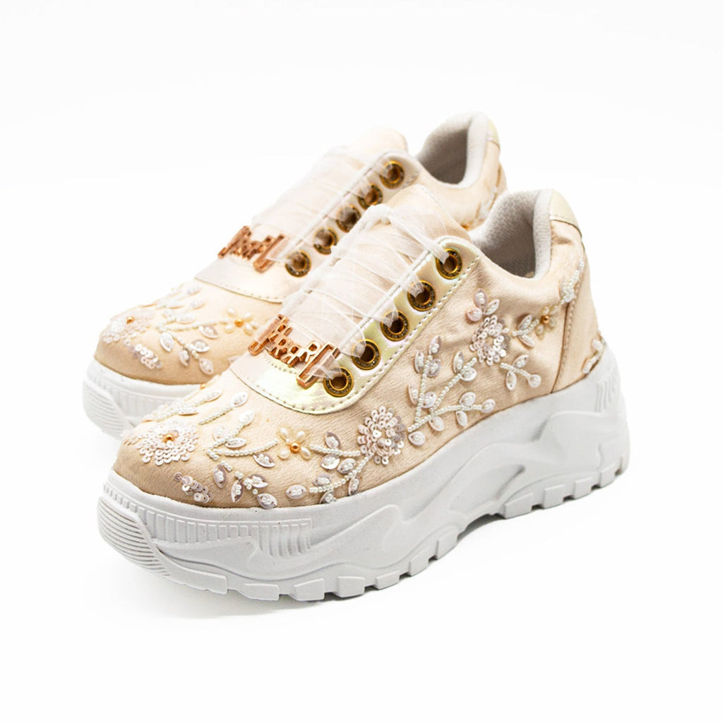 Sarah Luxury Buttermilk Satin Handmade Embellished Trainers