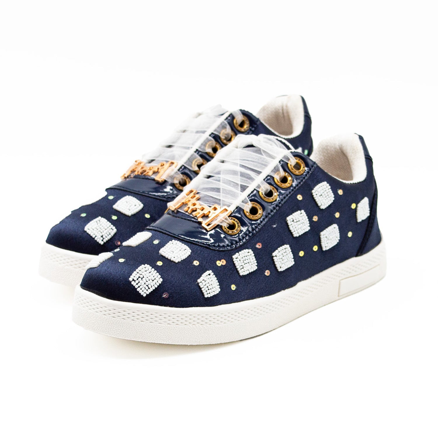 Isabelle Luxury Navy Satin Handmade Embellished Tennis Shoe