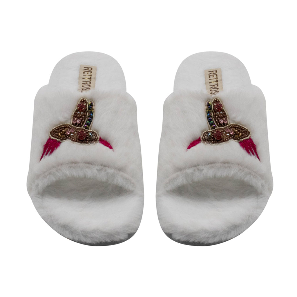 Ariella Cream Luxury Plush Diamanté Embellished Handmade Slipper