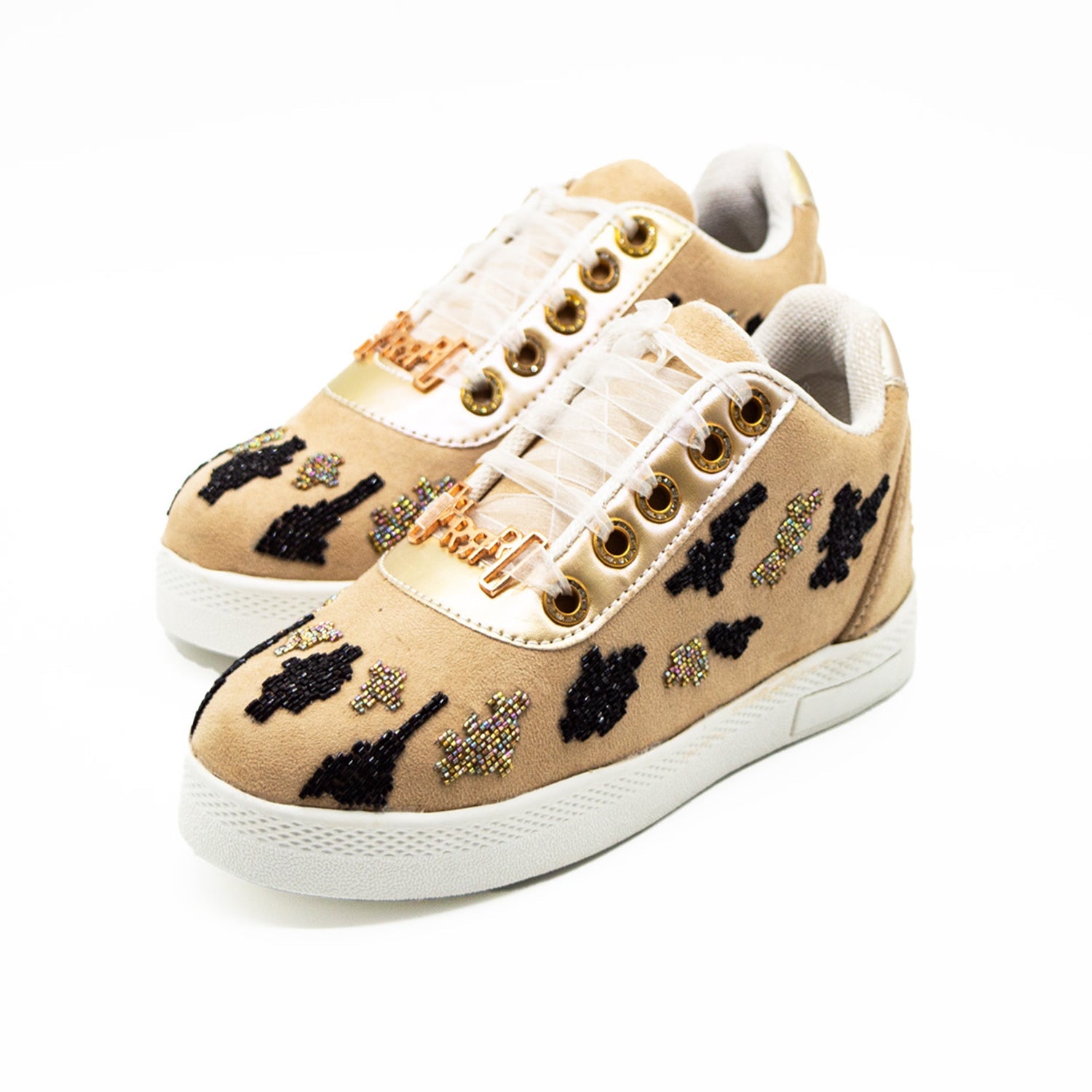Madalyn Luxury Beige Suede Handmade Embellished Tennis Shoe