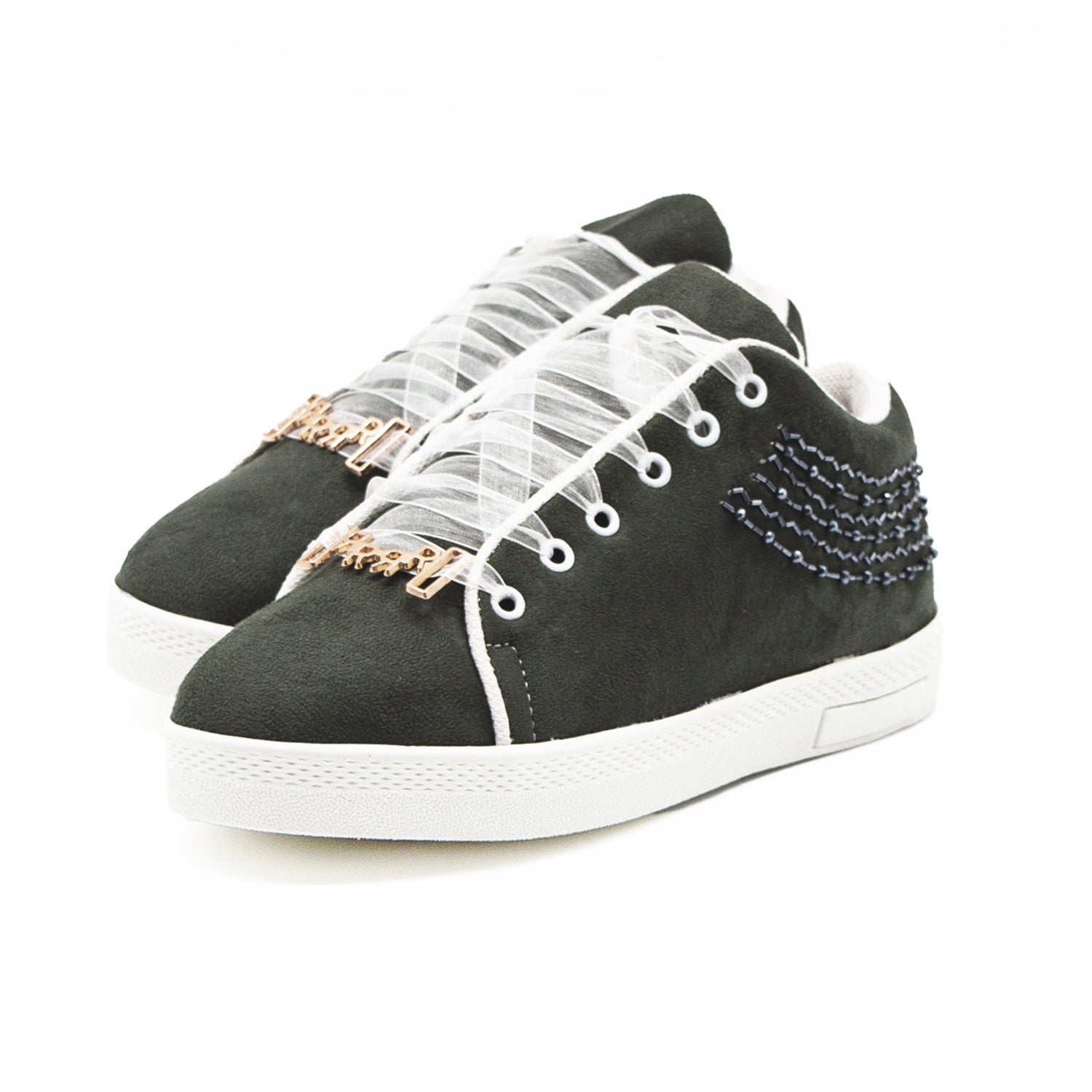 Peyton Luxury Slate Suede Handmade Embellished Tennis Shoe