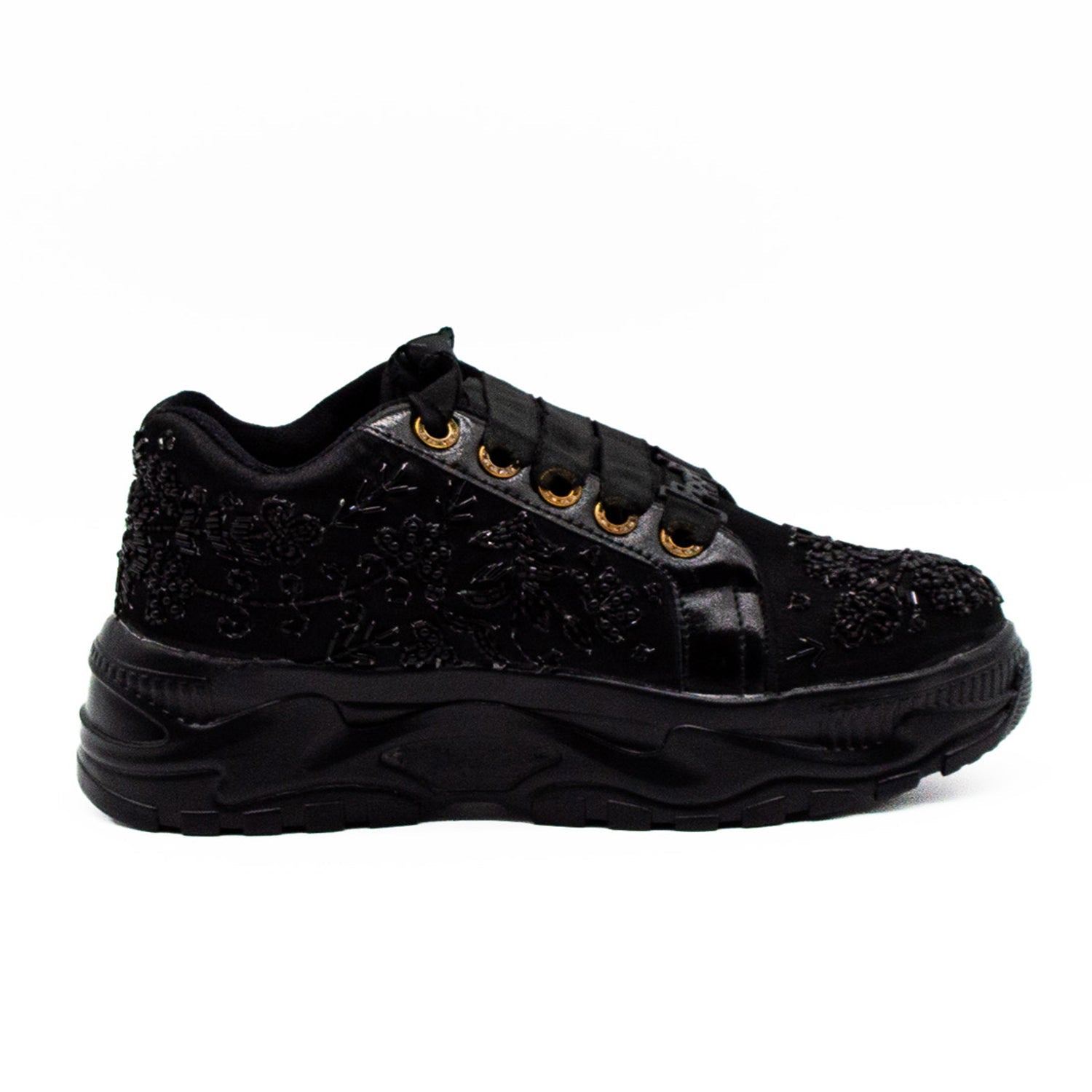 Diana Luxury Noir Satin Handmade Embellished Trainers