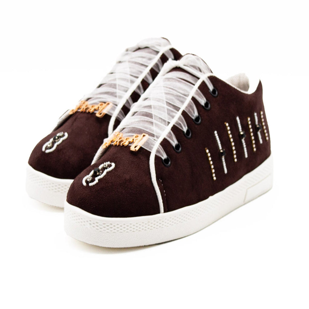 Emeryson Luxury Chocolate Suede Handmade Embellished Tennis Shoe