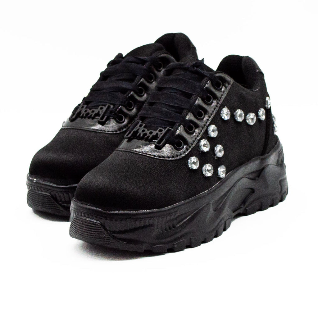 Adeline Luxury Noir Satin Handmade Embellished Trainers