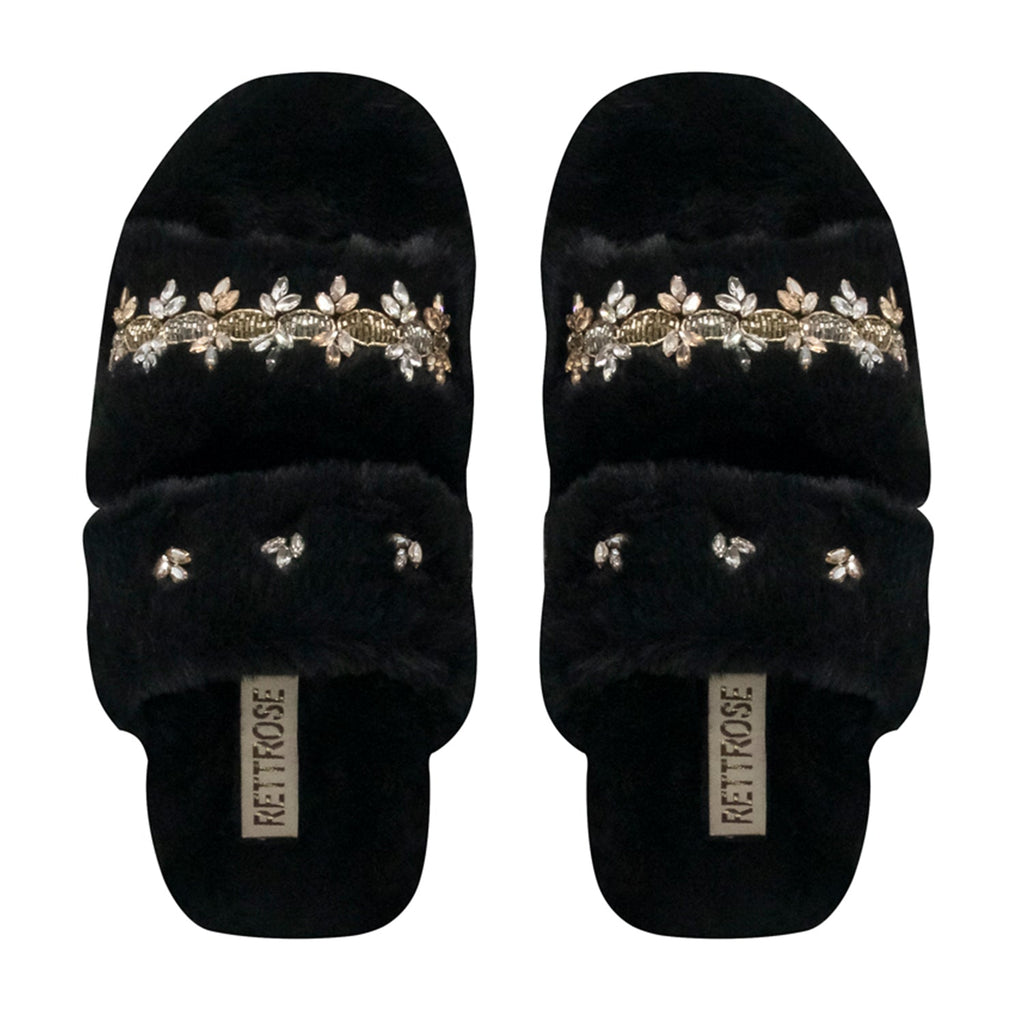 Faith Black Luxury Plush Diamanté Embellished Handmade Slipper