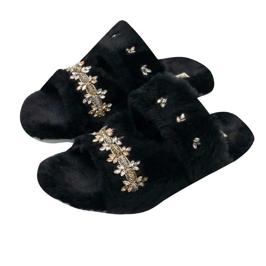 Faith Black Luxury Plush Diamanté Embellished Handmade Slipper