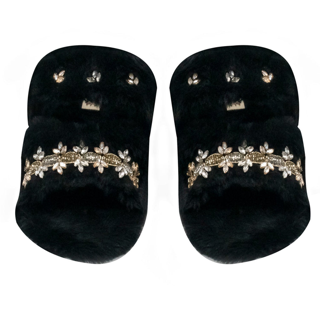 Faith Black Luxury Plush Diamanté Embellished Handmade Slipper