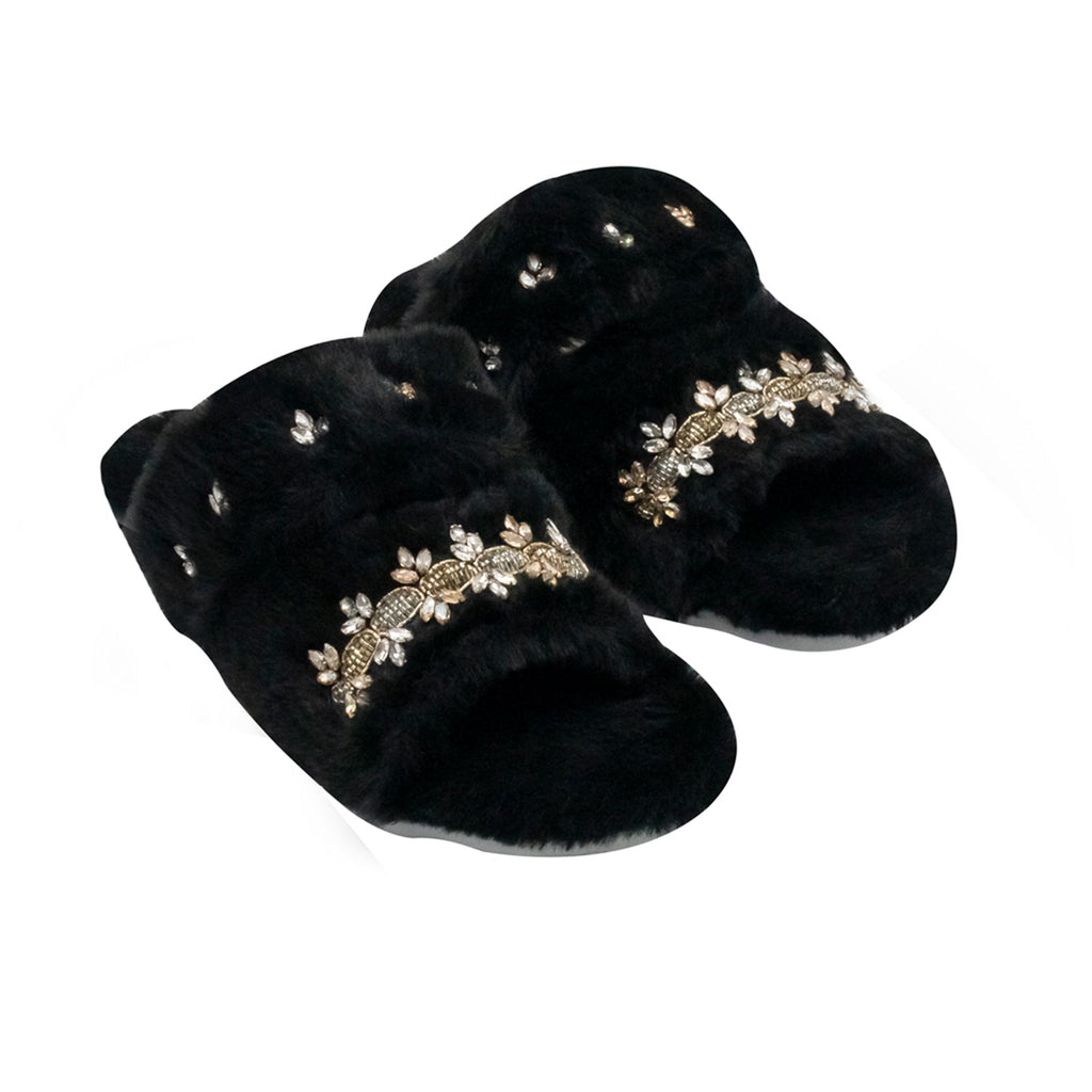 Faith Black Luxury Plush Diamanté Embellished Handmade Slipper