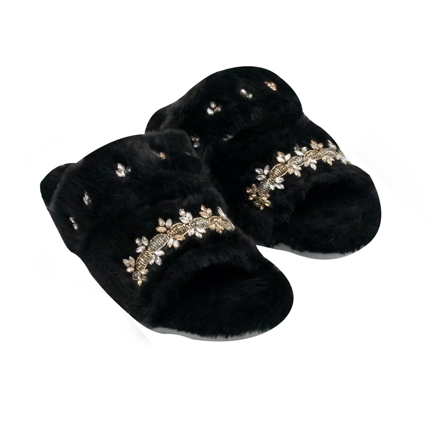 Faith Black Luxury Plush Diamanté Embellished Handmade Slipper