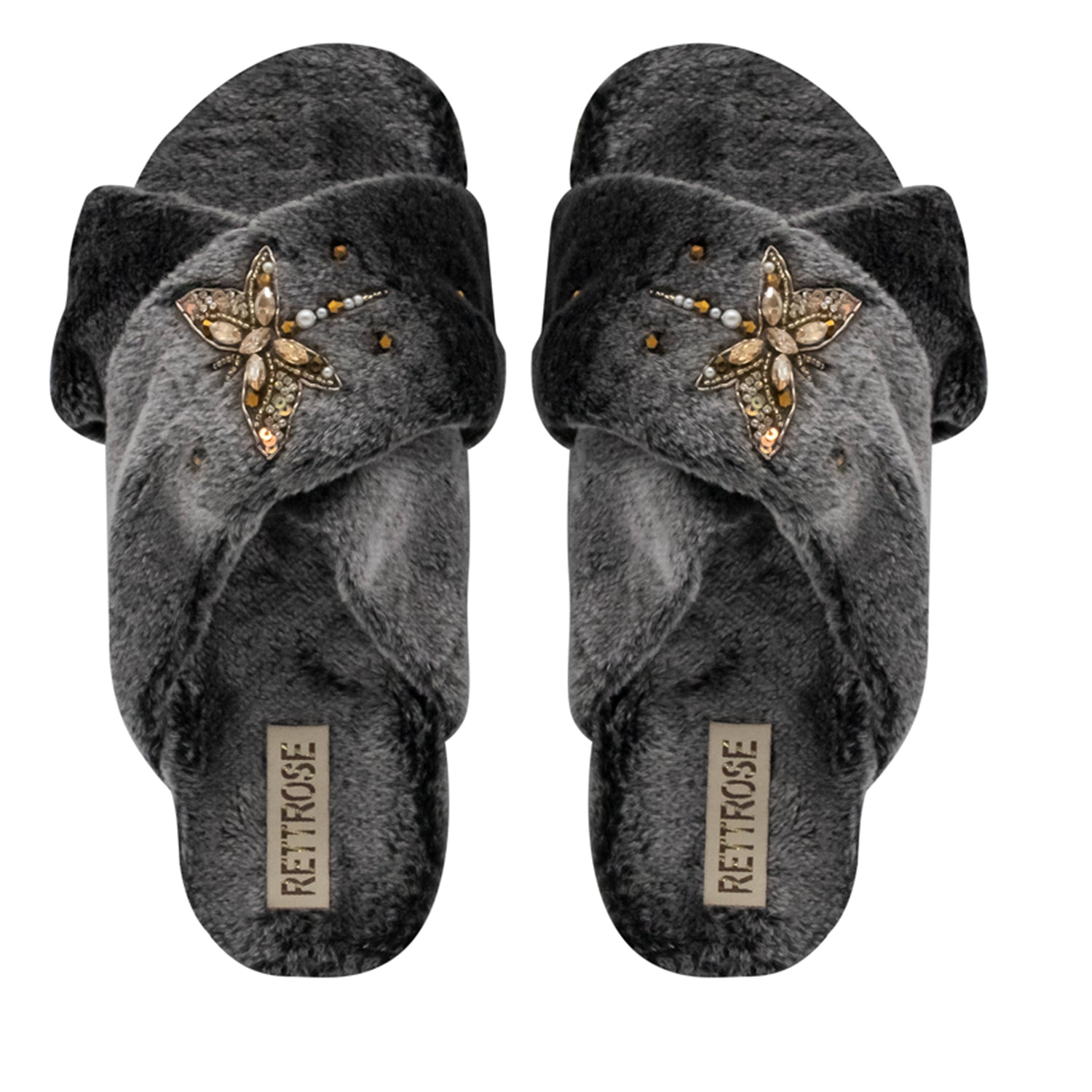 Sofia Charcoal Luxury Plush Diamanté Embellished Handmade Slipper
