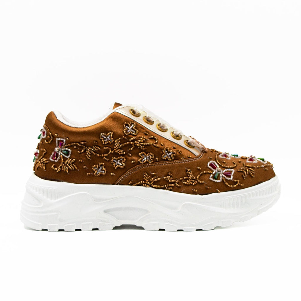 Evelyn Luxury Tan Satin Handmade Embellished Trainers