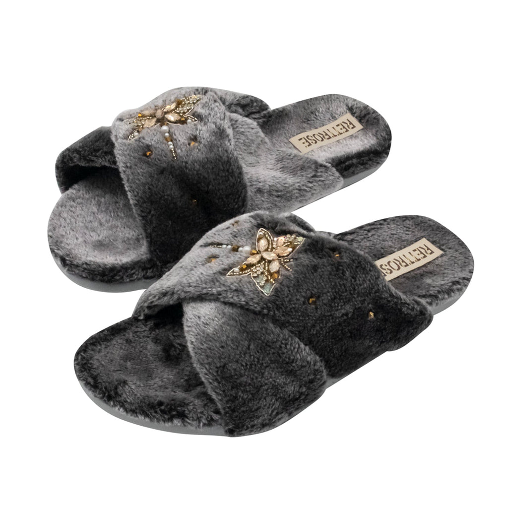 Sofia Charcoal Luxury Plush Diamanté Embellished Handmade Slipper