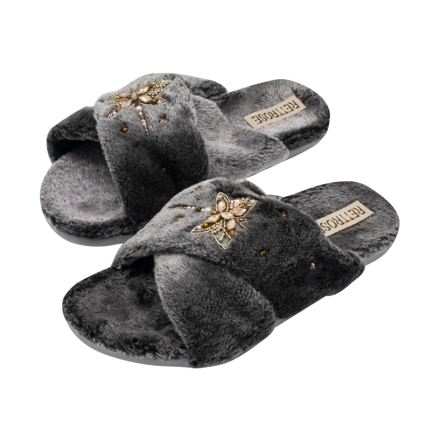 Sofia Charcoal Luxury Plush Diamanté Embellished Handmade Slipper