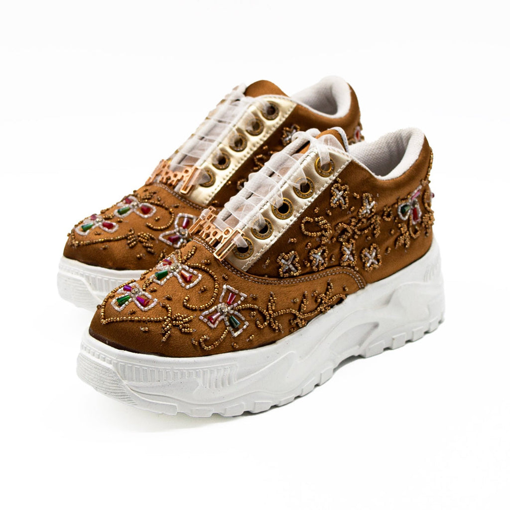 Evelyn Luxury Tan Satin Handmade Embellished Trainers