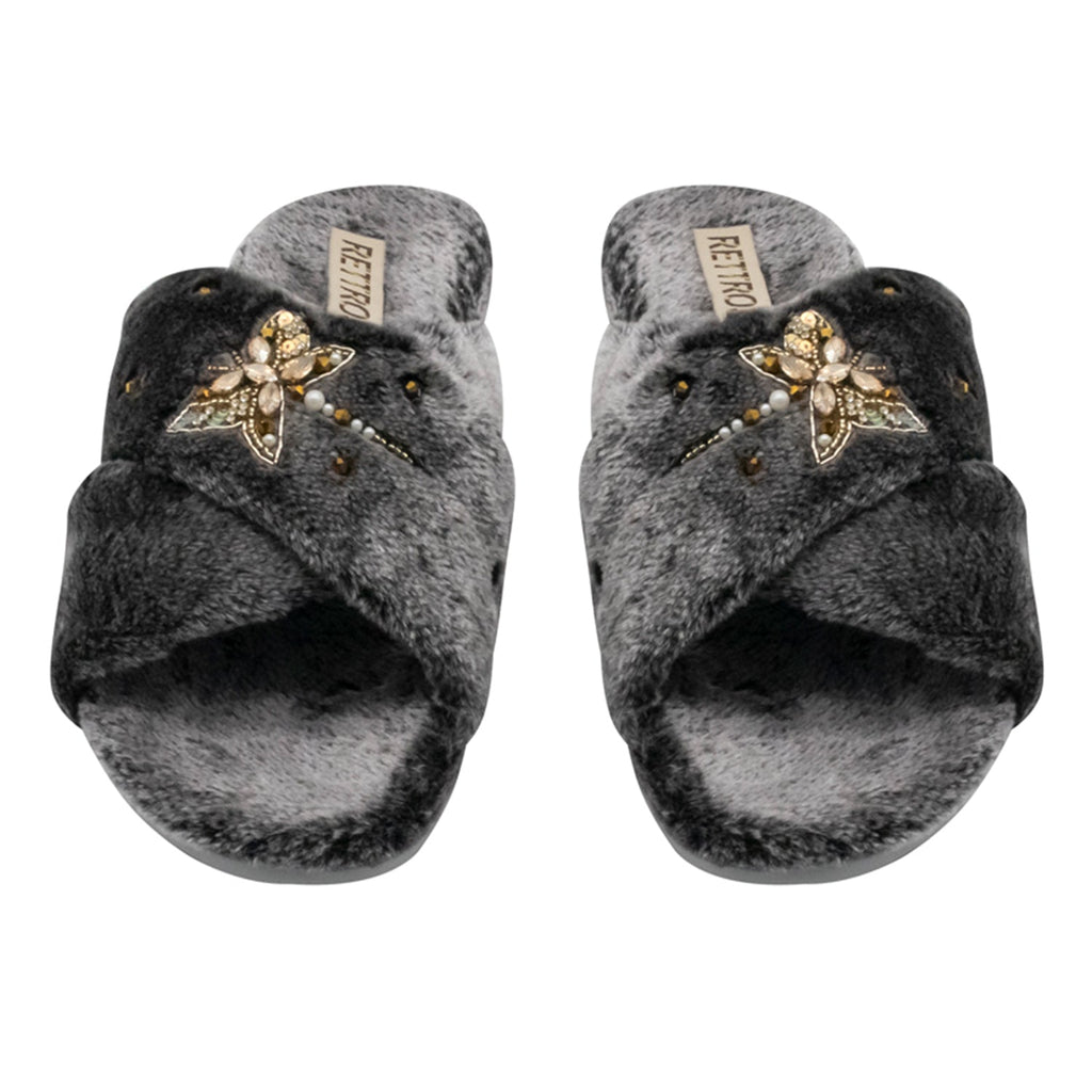 Sofia Charcoal Luxury Plush Diamanté Embellished Handmade Slipper