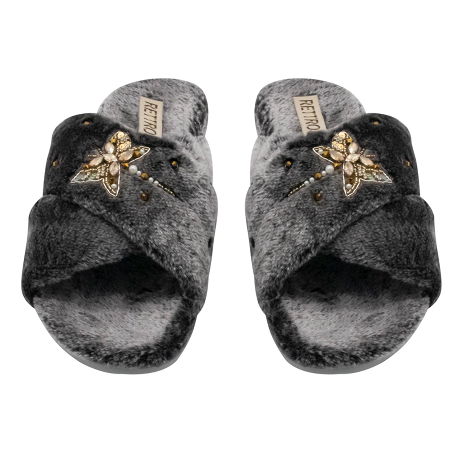 Sofia Charcoal Luxury Plush Diamanté Embellished Handmade Slipper